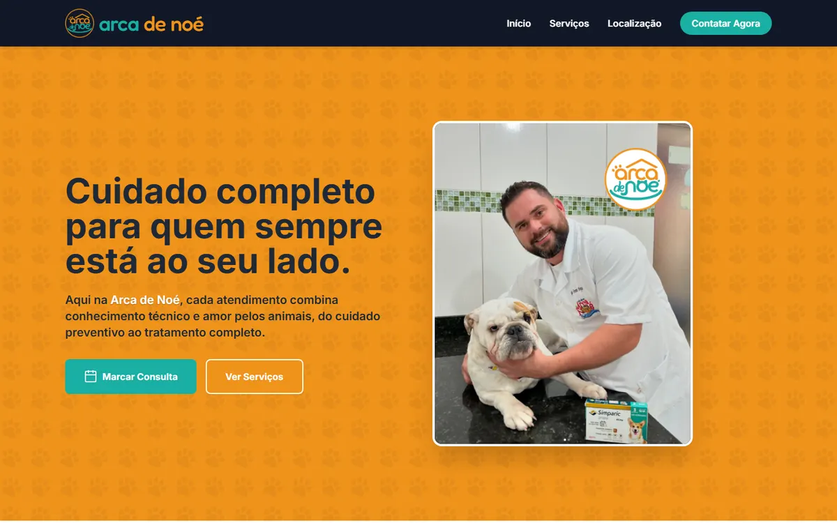 Página inicial do site Arca de Noé, clínica veterinária em Alterosa e Areado - MG
