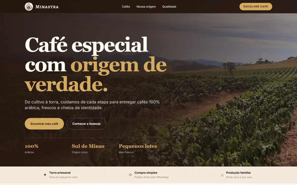 Página inicial do site Minastra Cafés, café especial em Alfenas - MG